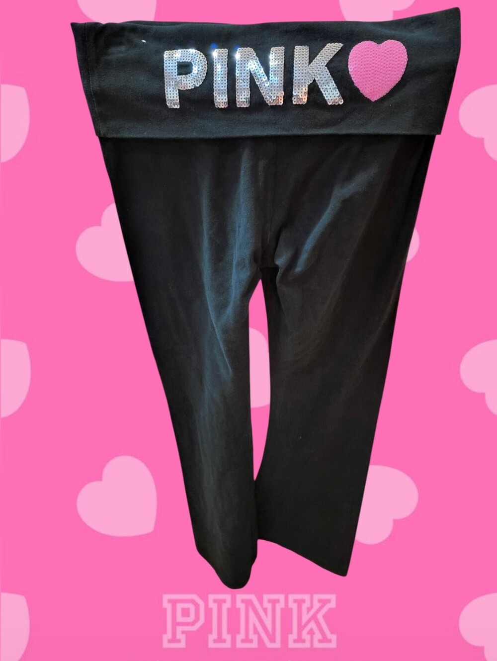 *🩷PINK Victoria's Secret Black Fold-Over Waist Leggings Sequin Pink Heart🖤